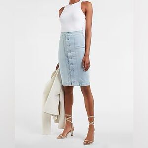 Express Super High Waisted Button Front Light Wash Denim Blue, Midi Skirt